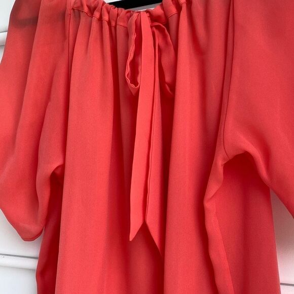 Cynthia Rowley Pleated Short Sleeve Chiffon Tie Neck Dressy Blouse Coral Large - Picture 6 of 12